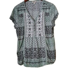 Style & Co Shirt Tunic Boho Blouse Womens XL Green Floral Sheer Peasant Top